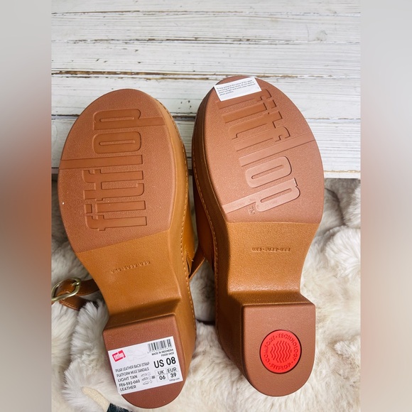 Fitflop Pilar Tan Leather Back Strap Platform Chunky Heel Mule Sandals Sz 8 - Picture 12 of 15